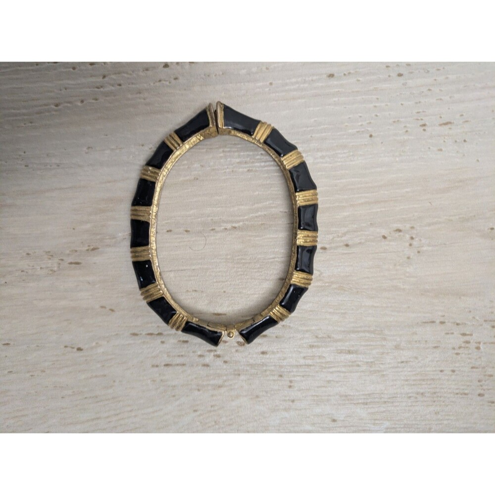 Vintage 80s Kenneth Lane Black Enamel & Gold Striped Bangle Bracelet
